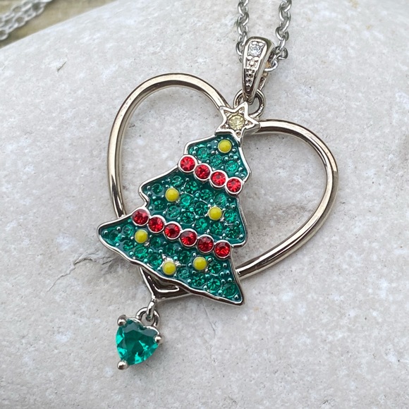 Christmas Tree crystal adorned heart necklace December stainless steel chain - Picture 2 of 8